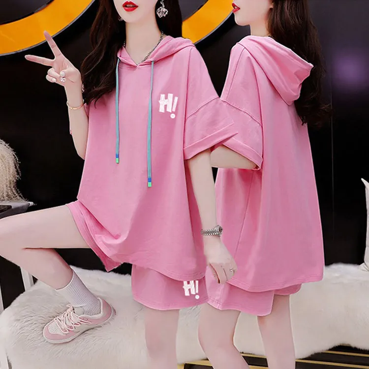胖mm大码连帽短袖短裤运动套装女夏季2024新款韩版网红纯棉两件套