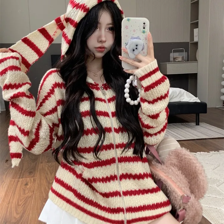 小众设计俏皮慵懒宽松连帽兔耳镂空针织卫衣毛衣外