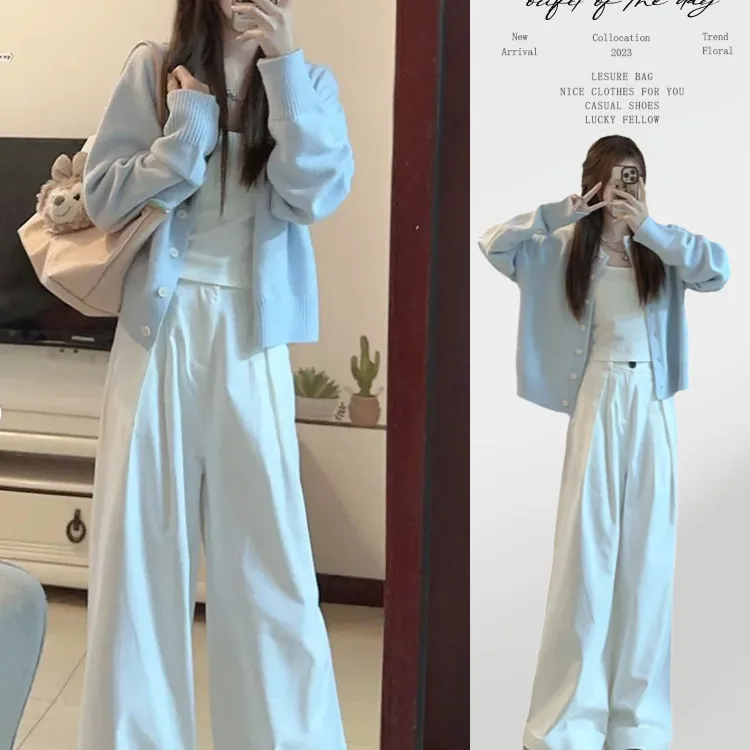 2025春季新款韩系奶蓝色内搭毛衣外套女秋季薄款针织衫开衫短上衣