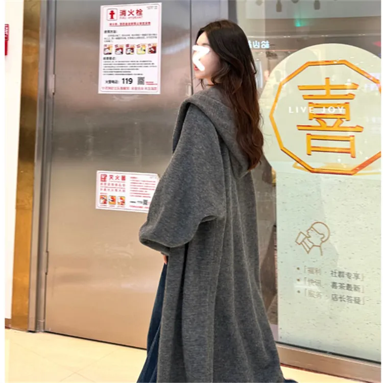 韩系慵懒风连帽长款过膝针织开衫女秋冬加厚宽松大版显瘦外套大衣