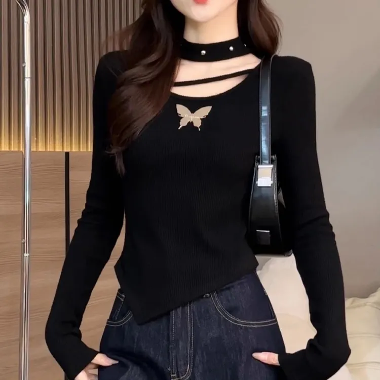 【现货】韩系不规则黑色长袖t恤女秋季修身收腰辣妹短款打底衫上衣