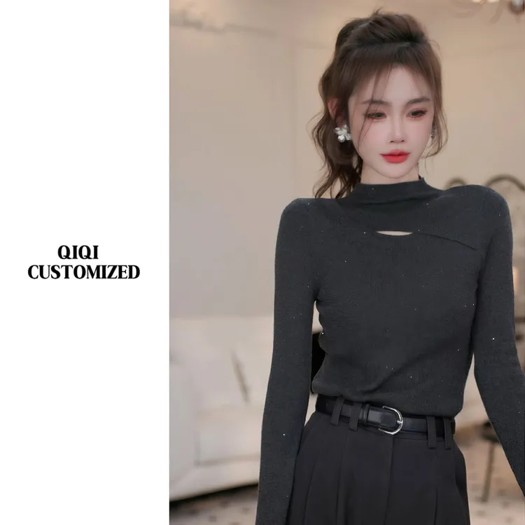 【戚戚高级定制】秋冬女气质设计感半高领镂空亮闪超弹打底衫