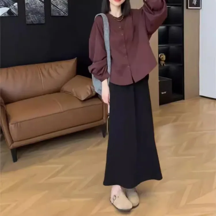 2024秋季新款时尚宽松减龄衬衫黑色半身裙洋气女