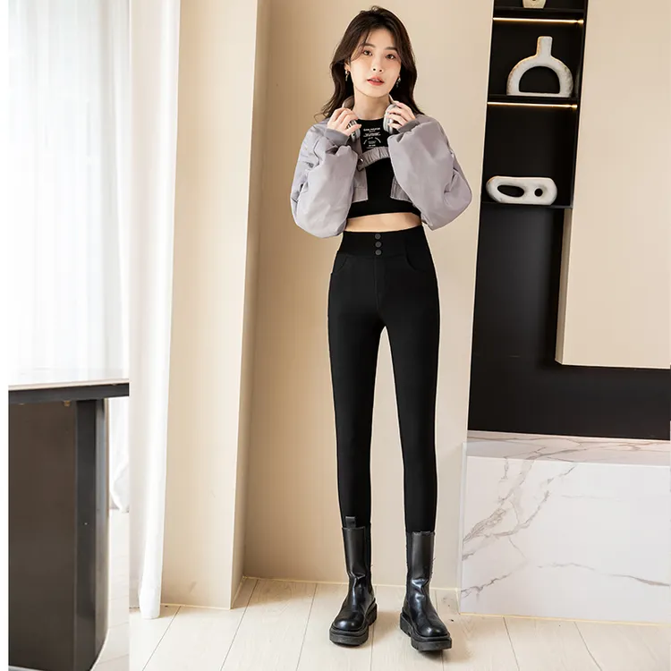 秋冬加绒保暖加厚女外穿不起球显瘦高腰打底弹力修身小黑裤2188#