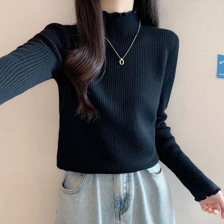 法式半高领保暖针织衫上衣秋冬新款时尚洋气加绒加厚毛衣打底衫女