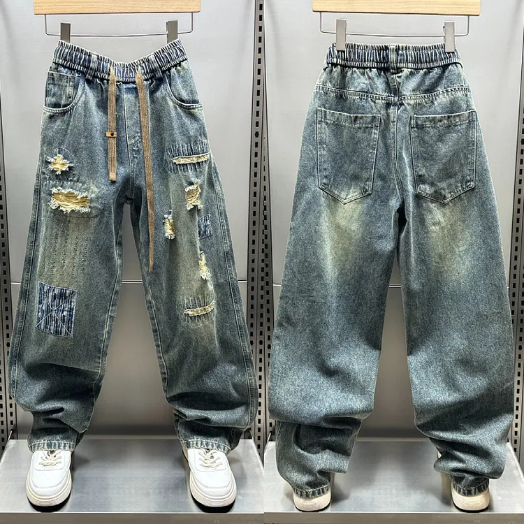 男士潮牌秋季设计感刮烂牛仔裤复古破洞老爹裤宽松阔腿痞帅直筒裤