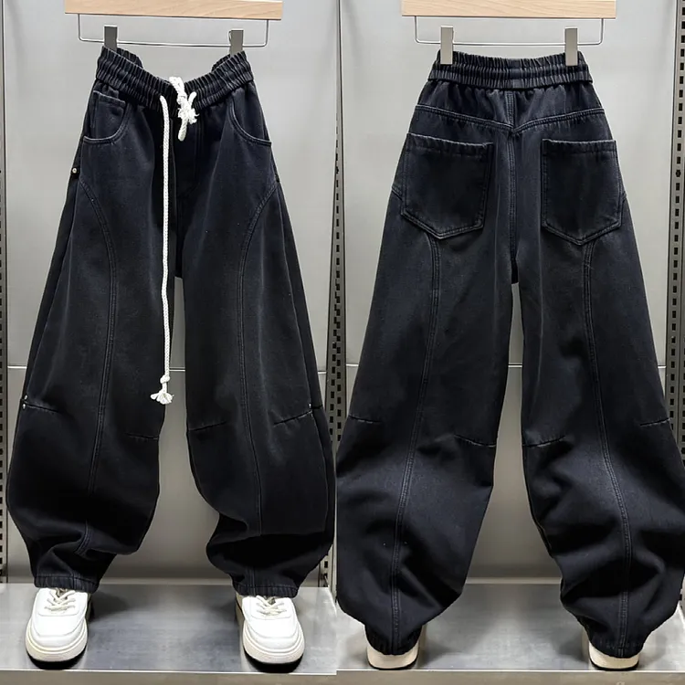 秋冬新款设计感立体剪裁阔腿牛仔裤美式高街宽松加绒加厚直筒长裤