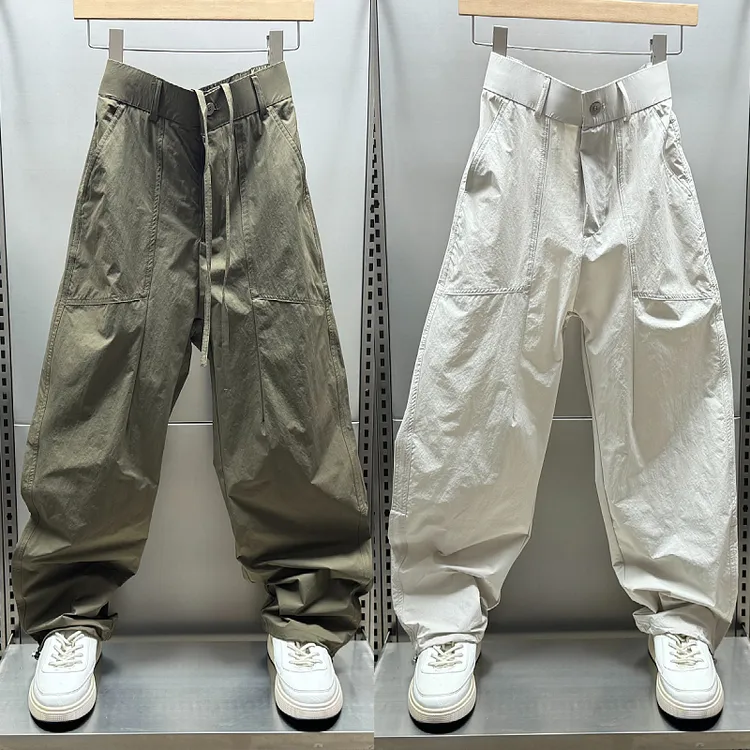 夏季薄款纯色直筒宽松阔腿休闲裤男士松紧收口潮牌户外运动长裤男