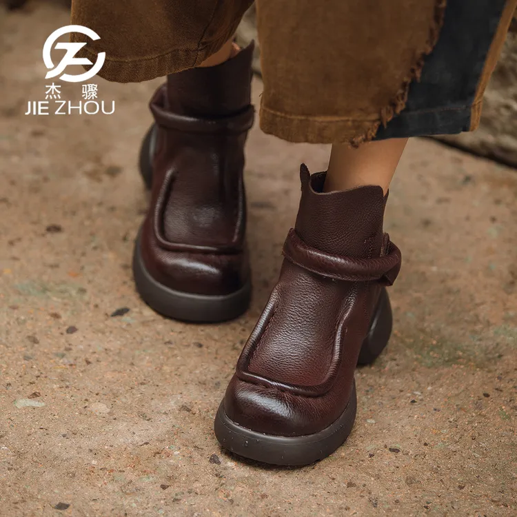 杰骤秋冬牛皮厚底粗跟复古短靴女真皮复古圆头马丁靴原创高端单靴