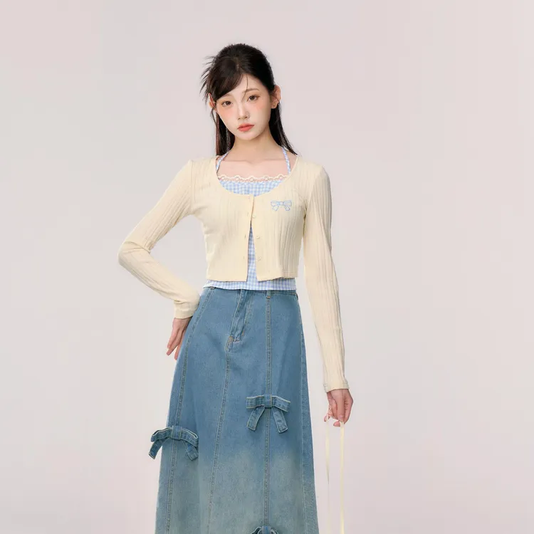 心动甜心织物猪原创春秋学院风假两件气质开衫防晒不露腿牛仔长裙