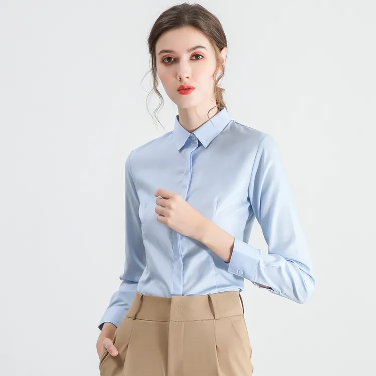 职衣坊浅蓝色女衬衫气质纯棉职业长袖打底秋冬新款工作服正装衬衣