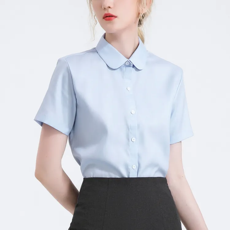 职业圆领蓝色衬衫女短袖夏季正装面试套装工作服娃娃领弹力棉上衣