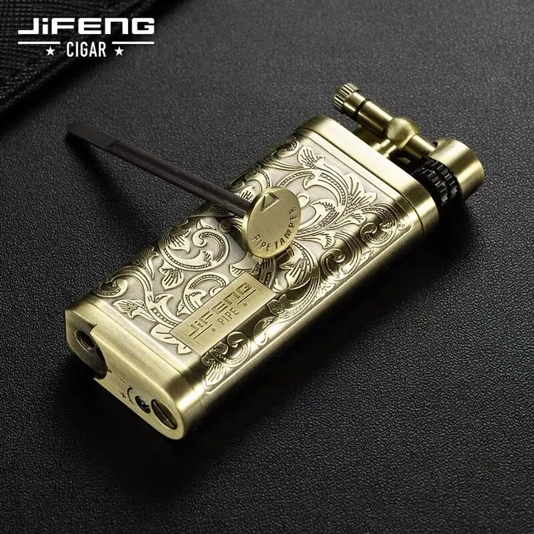季风新款唐草雪茄斜火打火机自带烟斗压棒金属烟斗专用打火机创意