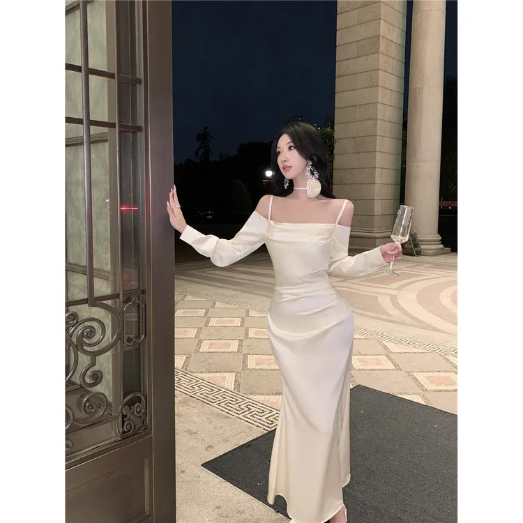 法式气质荡领吊带花朵长袖缎面连衣裙女收腰开叉长礼服裙