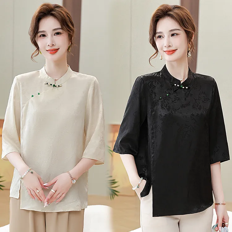新中式七分袖上衣夏薄款洋气盘扣斜襟休闲宽松气质圆领显瘦女装