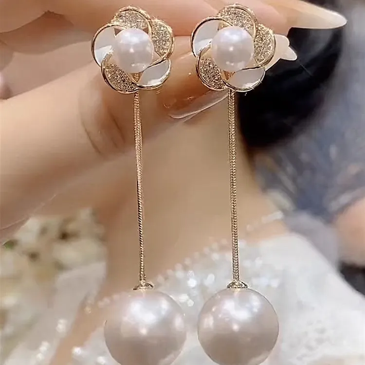 合金耳饰 气质新款潮两带花朵掉珠珠流苏耳环日韩轻奢耳坠女
