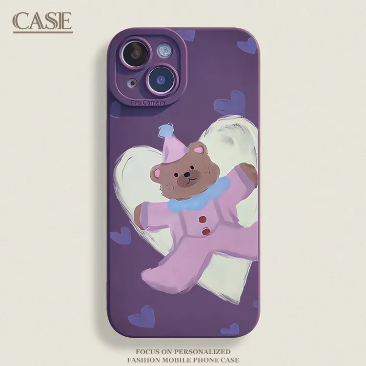 紫色爱心小熊适用iPhone16ProMax手机壳15苹果14硅胶13软12男女11