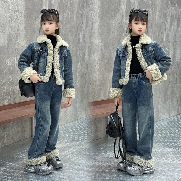 女童加厚牛仔夹棉套装新款儿童秋冬装羊卷毛外套长裤加绒两件套潮