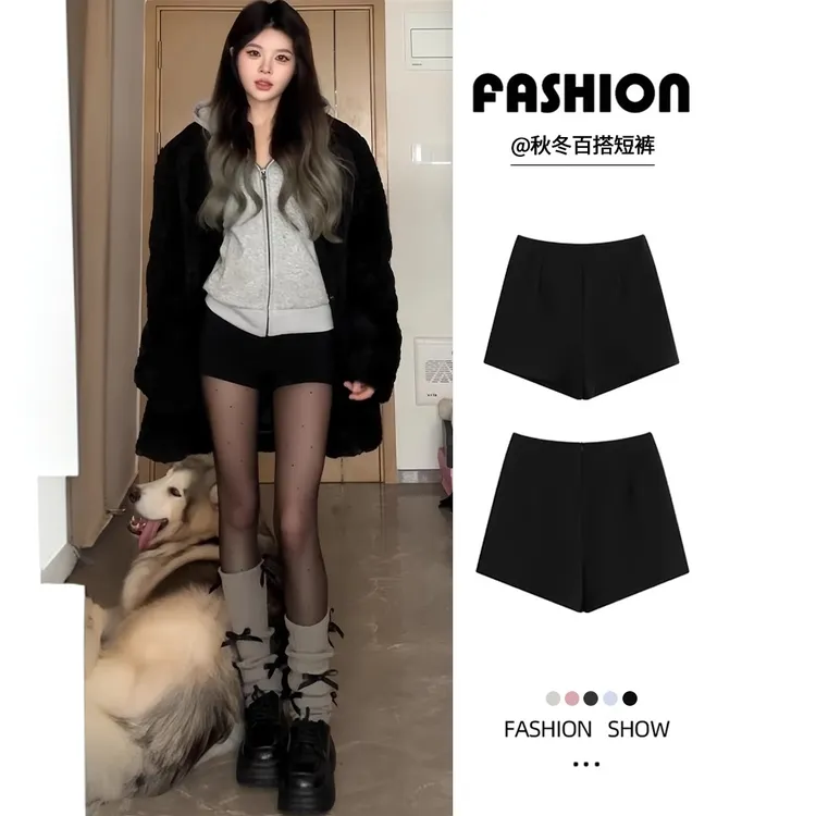 黑色高腰短裤女秋冬2024新款加绒辣妹外穿打底显瘦弹力西装飒裤子