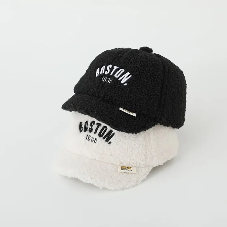 儿童帽子秋冬季男女宝宝字母羊羔绒短檐鸭舌帽户外保加厚婴儿帽子