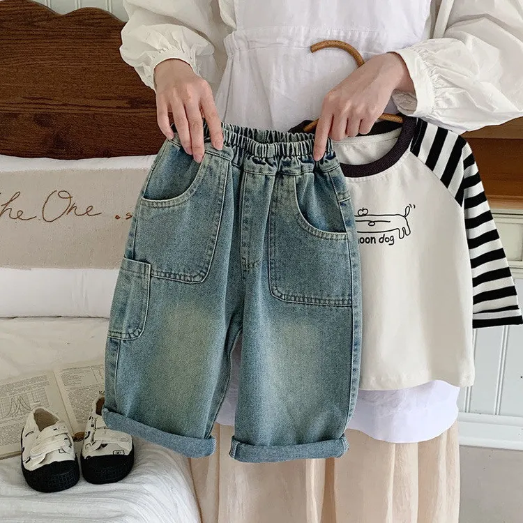 男童春季长裤复古做旧牛仔裤儿童直筒裤韩版宽松男孩潮酷日系春秋