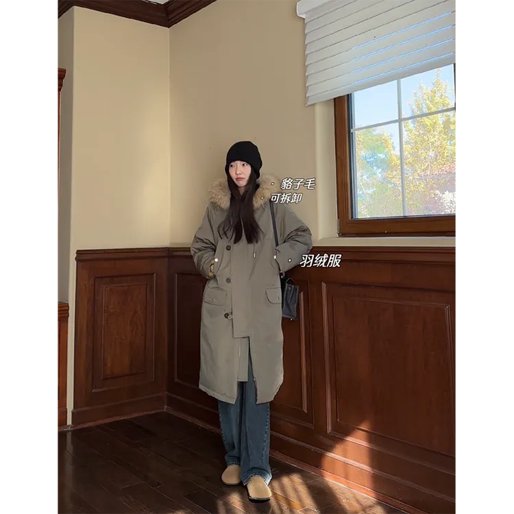 郭九九呢 90白鸭绒貉子毛领长款派克工装连帽羽绒服冬G923Z09673