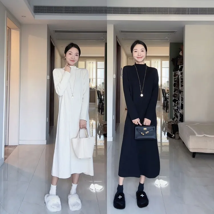 郭九九呢简约冬直筒宽松半高领毛衣针织连衣裙打底裙G9Q236935