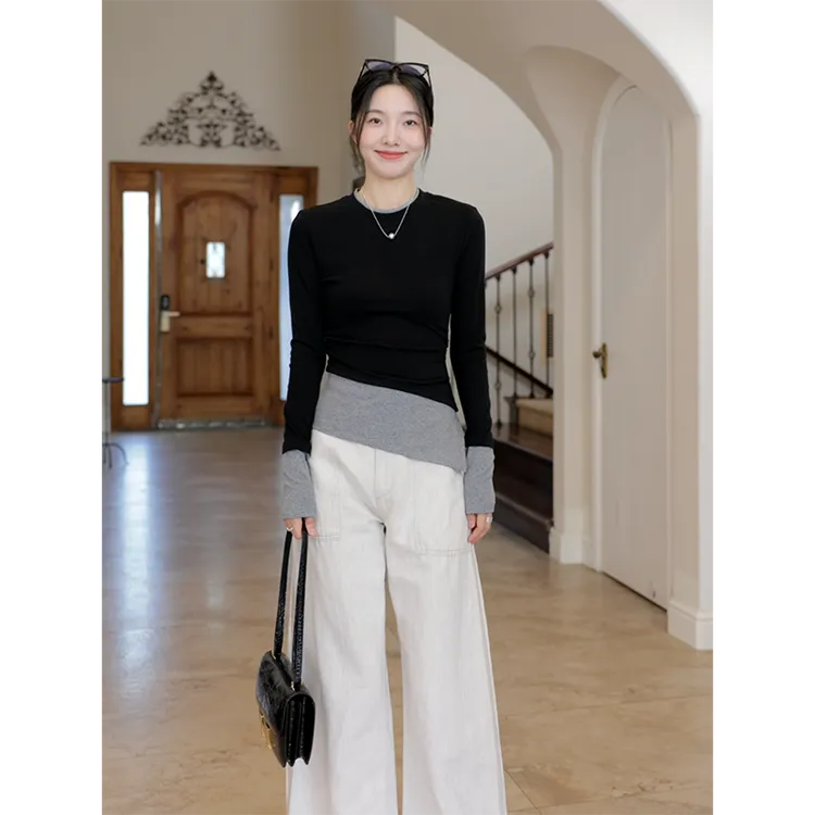 郭九九呢 棉假两件拼接修身显瘦长袖t恤百搭阔腿裤长裤G924Z12115