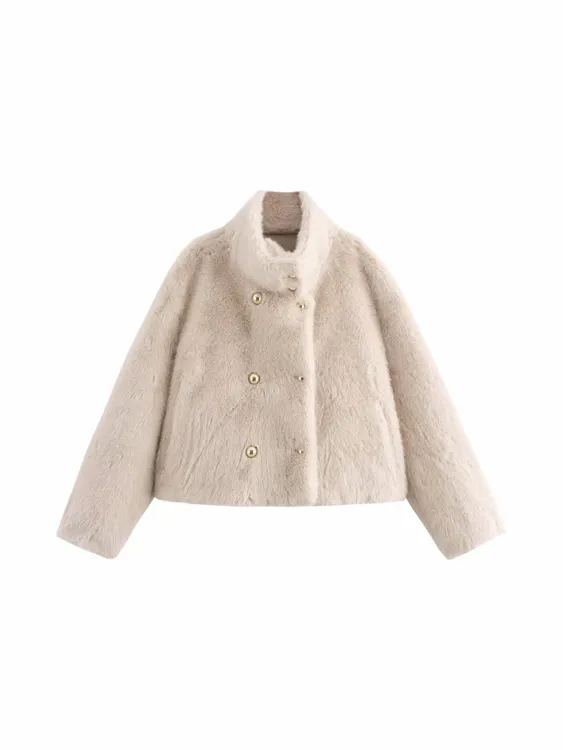 品牌折扣剪标外贸女装撤柜秋冬加厚双排扣毛毛外套名媛风立领上衣