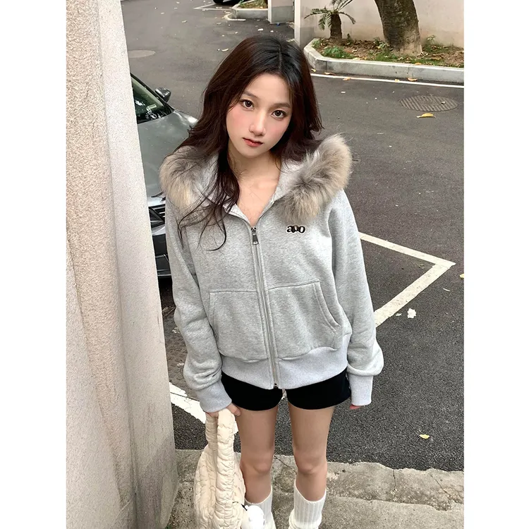 秋冬季加绒外套女可拆卸毛领连帽慵懒风灰色卫衣宽松休闲百搭上衣