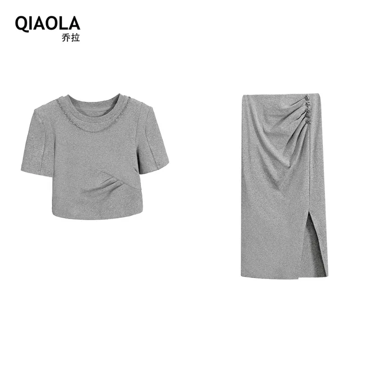 QIAOLA/乔拉【数星星】夏款弹力针织棉圆领链条压褶休闲套装预售