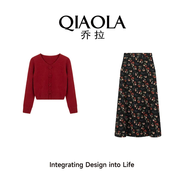 QIAOLA/乔拉【馥郁花园】秋冬季北极绒立体玫瑰碎花A版时尚套装