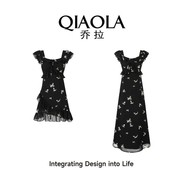QIAOLA/乔拉【夏夜蝶舞】夏季百搭梭织碎花木耳边U领减龄裙子