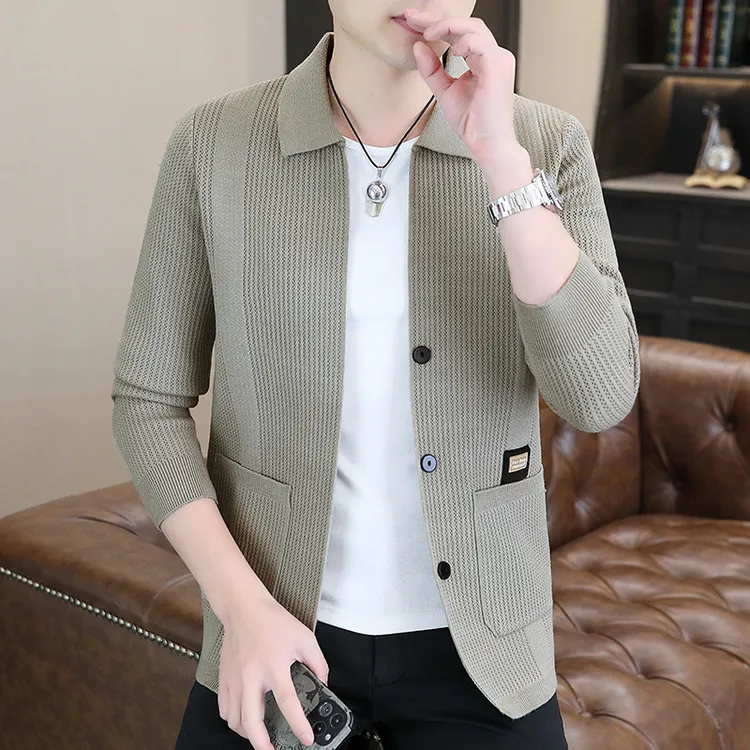 麦克斯秋季新款男士针织开衫简约翻领时尚休闲百搭针织外套23895