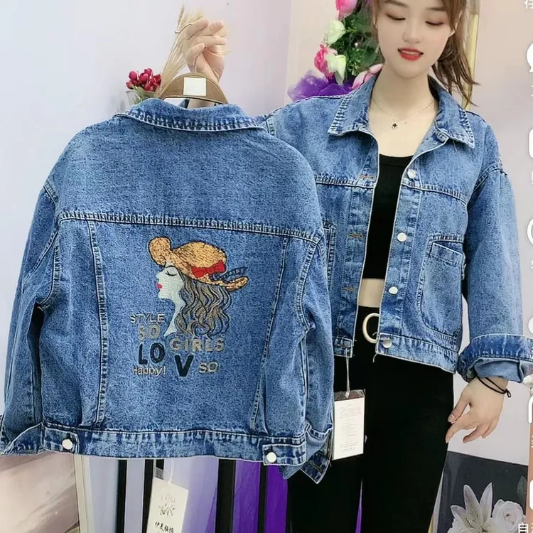 帽子美女图亮片刺绣短款宽松气质时尚百搭外穿牛仔外套休闲上衣女