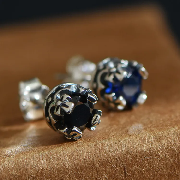 925银合成锆石耳饰 黑色潮男个性耳环蓝色复古耳饰纯银男士耳钉