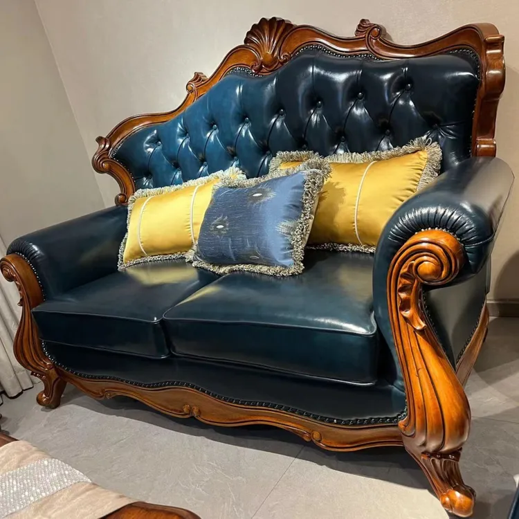 北美原木经典美式，实木雕刻，牛皮沙发
