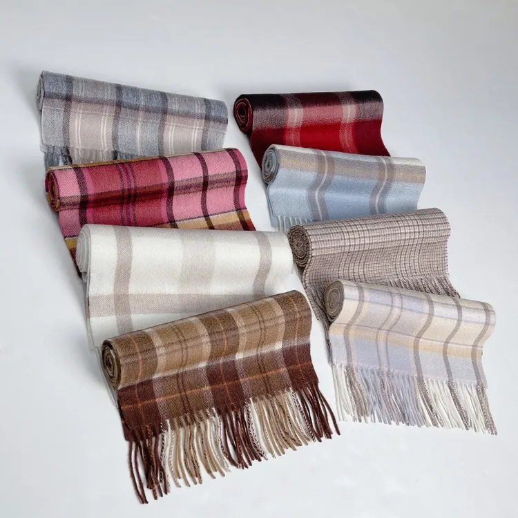 绒绮韵鄂尔多斯市长款山羊绒水波纹格子围巾时尚保暖秋冬百搭冬季