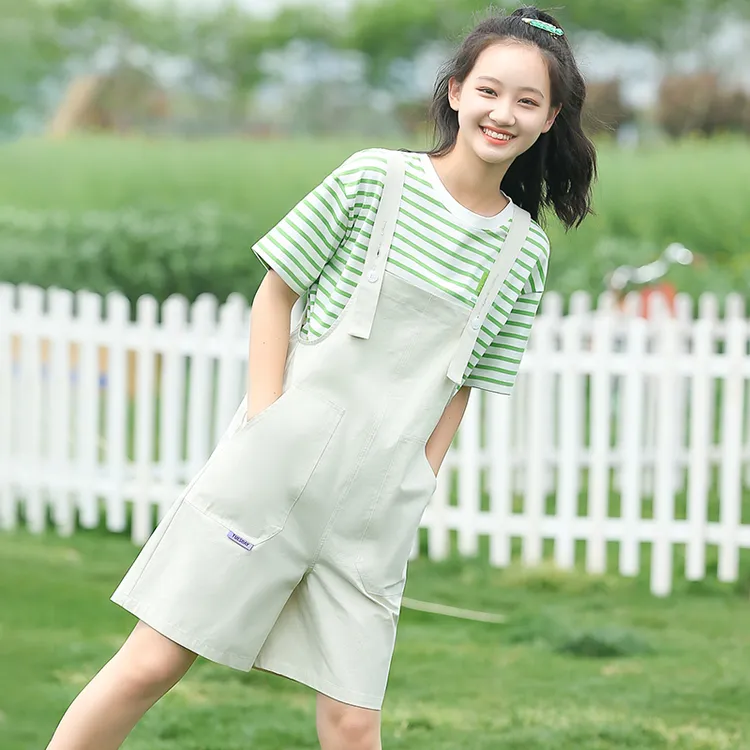 少女背带裤套装夏季薄款小个子初中学生夏装高中女生阔腿短裤休闲