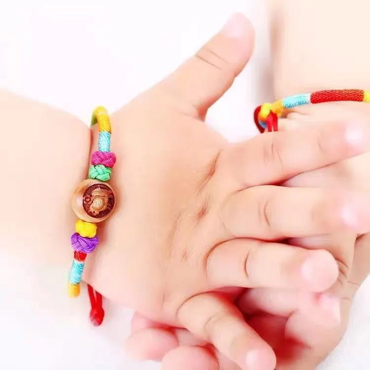 非金属锦纶手链 端午节五彩绳手链宝宝十二生肖桃木五彩绳手绳