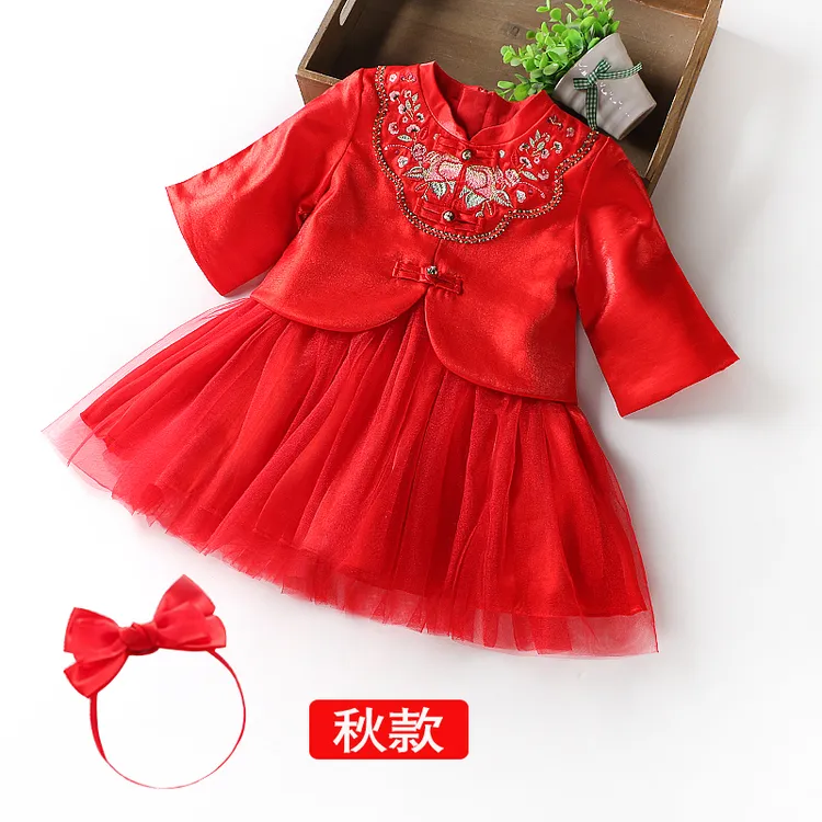 吧巴掌女童公主裙春秋款中国风古风旗袍裙女宝宝周岁抓周礼服裙子