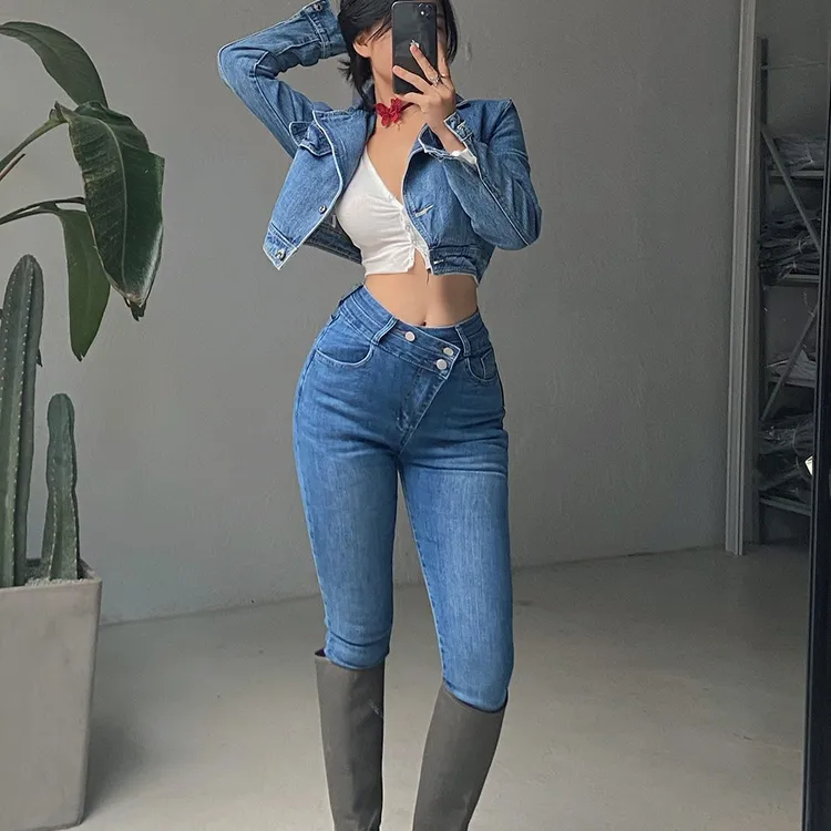 【复合绒加绒裤】斜边双粒扣腰部做小高腰牛仔裤铅笔裤3色