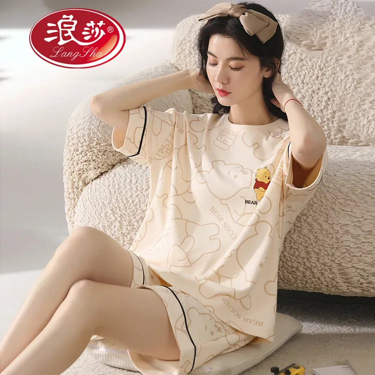 浪莎2025年新款睡衣女夏季薄款纯棉短袖少女套装可外穿卡通家居服