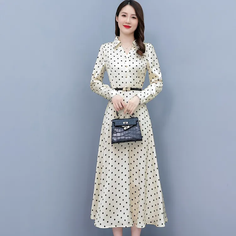 长袖印花波点醋酸缎面连衣裙2022秋季新款收腰通勤中款女装裙子
