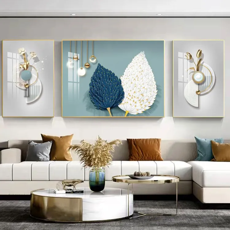【羽毛客厅三联画】顺丰发货送货到家沙发背景客厅三联羽毛晶钻画