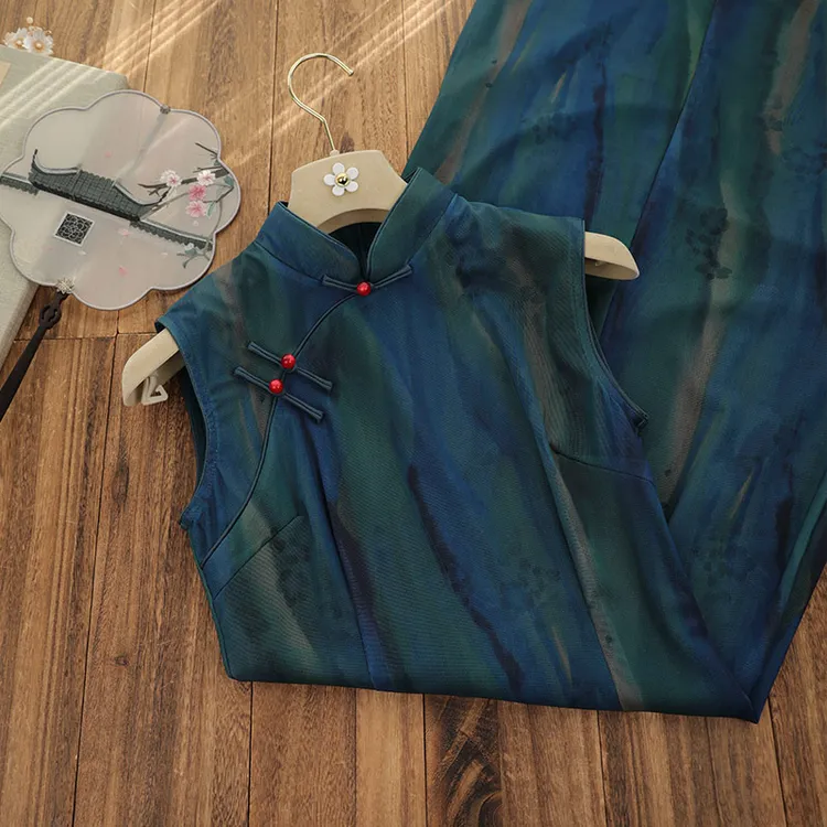 俏娘鱼新中式旗袍裙改良新款蓝色复古月牙袖日常可穿高贵气质国风