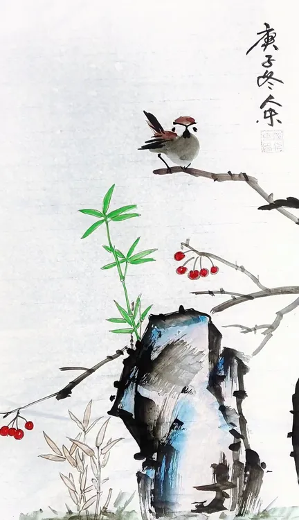 手绘写意花鸟画，规格:69公分X33公分