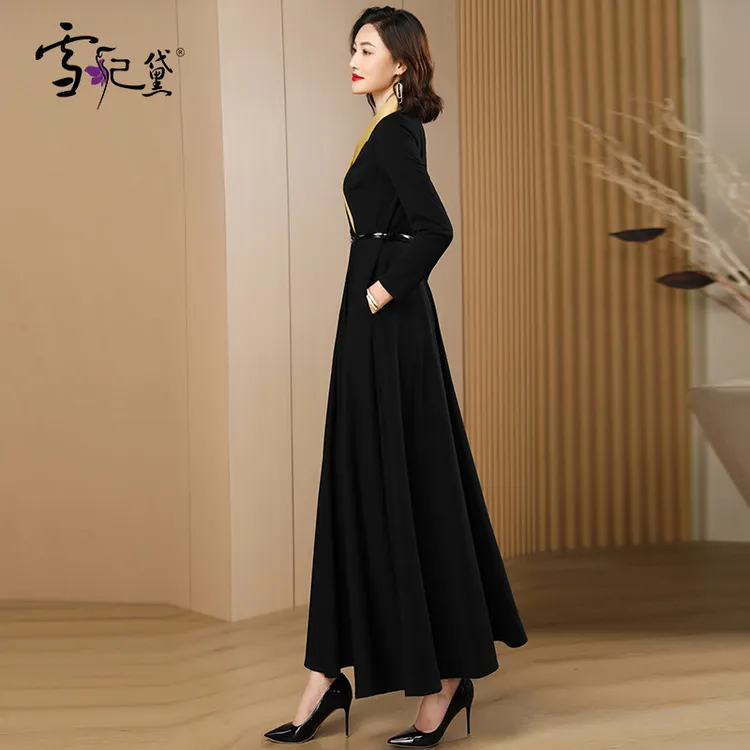 时尚长袖连衣裙新款气质修身收腰显瘦长款裙子长裙连衣裙长袖西服