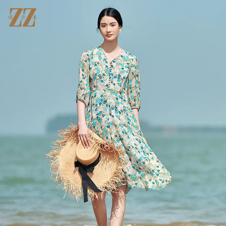 ZZ/佐尔美夏季桑蚕丝真丝乔其收腰显瘦气质连衣裙女E22LS69-0301