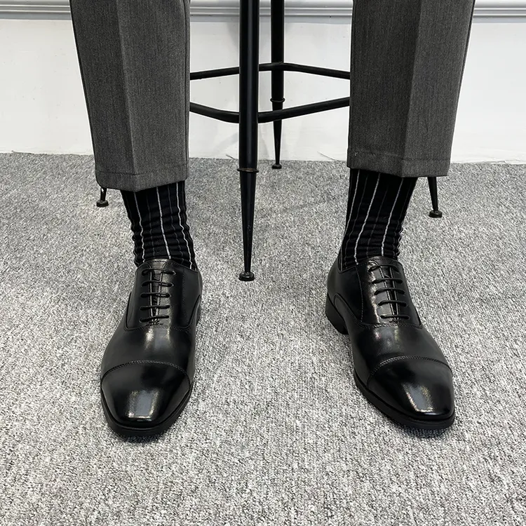 英伦风隐形内增高三接头皮鞋男士手工牛津鞋商务正装真皮黑色尖头